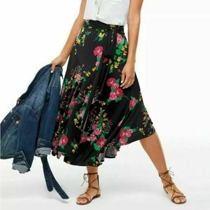CAbi Skirt Women’s Medium Drama Black, Pink & Yellow Floral Print Wrap Midi